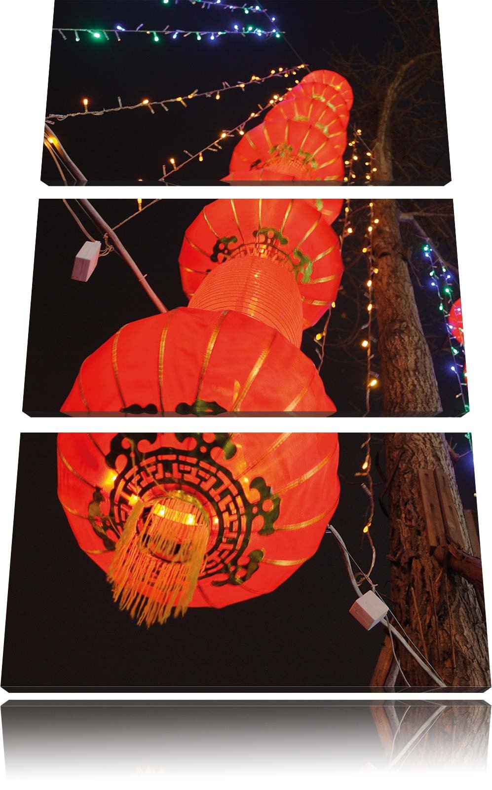 Pixxprint traditionelle chinesische Lampions / 3-Teilig/Gesamtmass 120cm Leinwandbild bespannt auf H