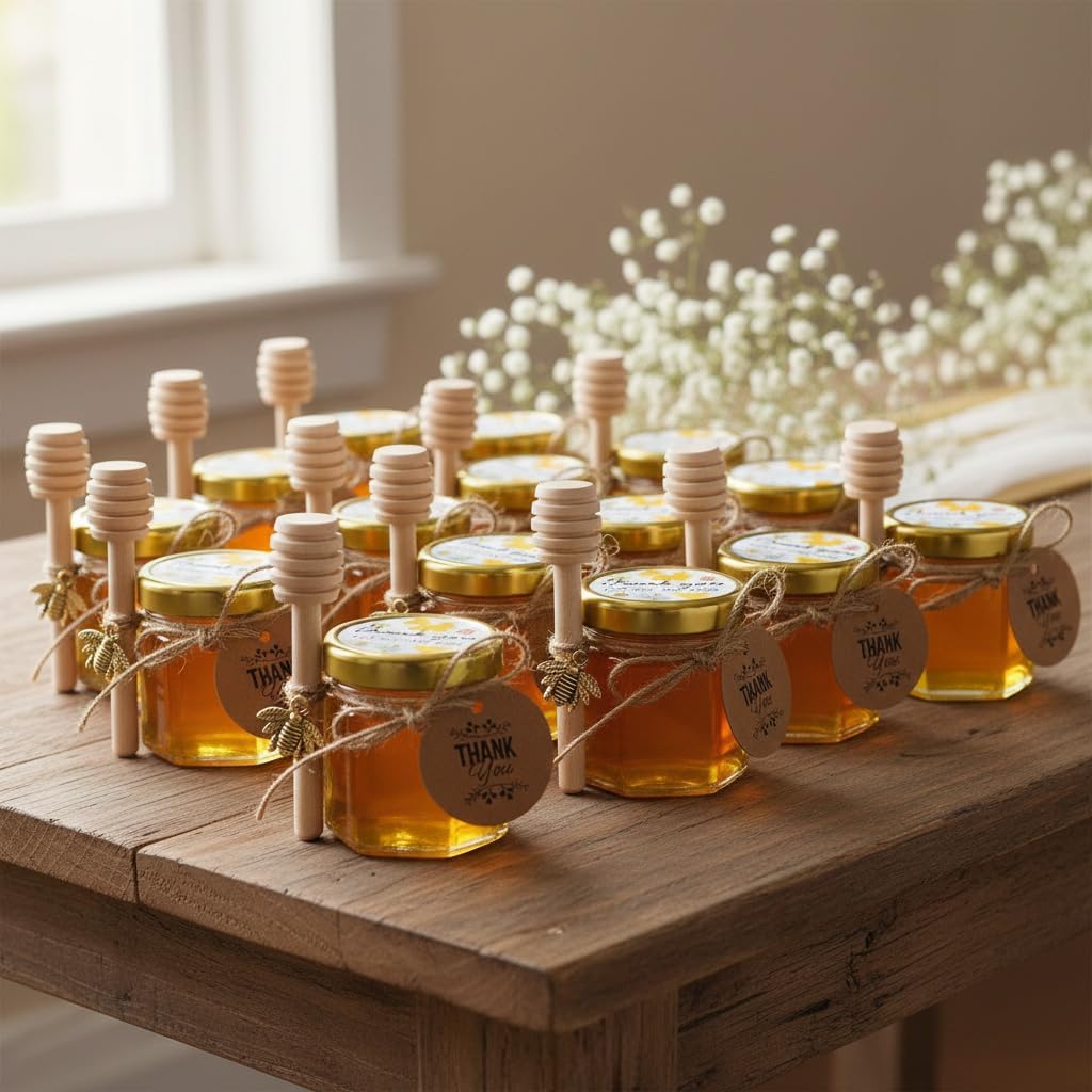 Ahhute 60-Pack Mini Honiggläser mit Dipper Honigtopf mit Golddeckel, Bienen Anhänger, Jutes, Geschen