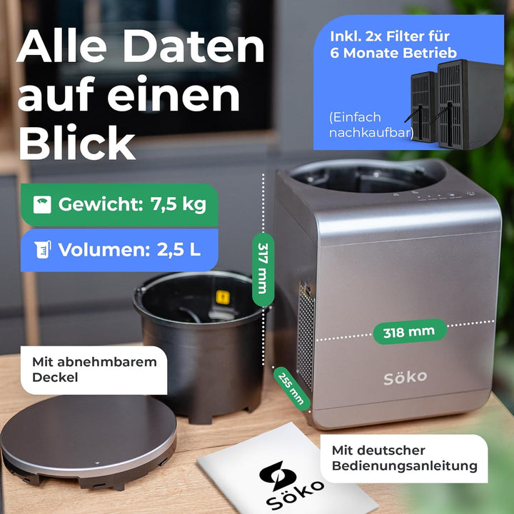 Elektrischer Komposter Söko [2X Aktivkohle-Filter] Elektro-Schnellkomposter - Revolutionäre Kompost-
