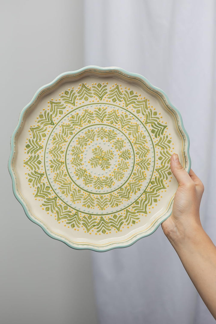 Tranquillo Quicheform aus Steinzeug mit handgestempeltem Print Grün/Gelb Retro, 27 cm