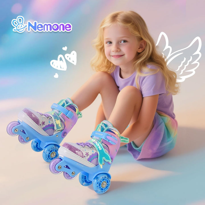 NEMONE Rollschuhe für Mädchen Kinder 4 Grössen Verstellbar Blau Violett Rollschuhe für Kinder Drinne