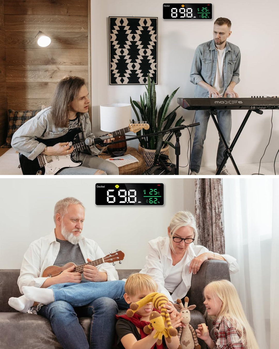 Digitaler Dezibelmessgerät, 3 In 1 Schallpegelmesser Wandbehang Schallpegelmessgerät mit Temperatur