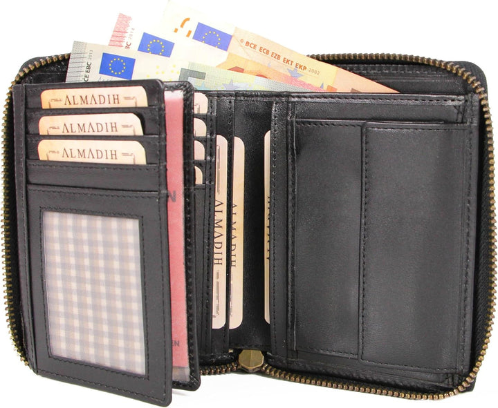 ALMADIH Premium Leder Portemonnaie Hochformat mit Reissverschluss 17 Kartenfächer in Geschenkbox - P