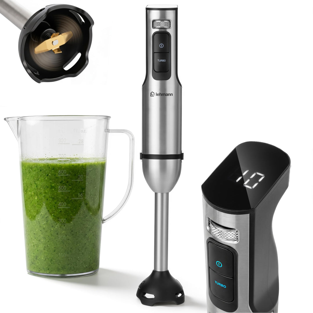 LEHMANN Stabmixer 2000 Watt, 12 Geschwindigkeitsstufen & Turbo-Funktion, Edelstahlklingen, Digitales