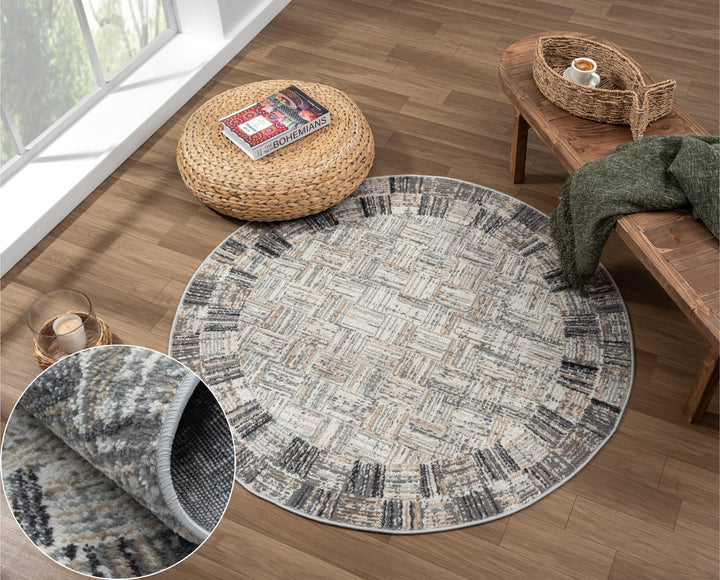 MY-RUG Teppich Ola rund Creme 120 x 120 cm Runder Esszimmerteppich in kurzflor, Badezimmerteppich in