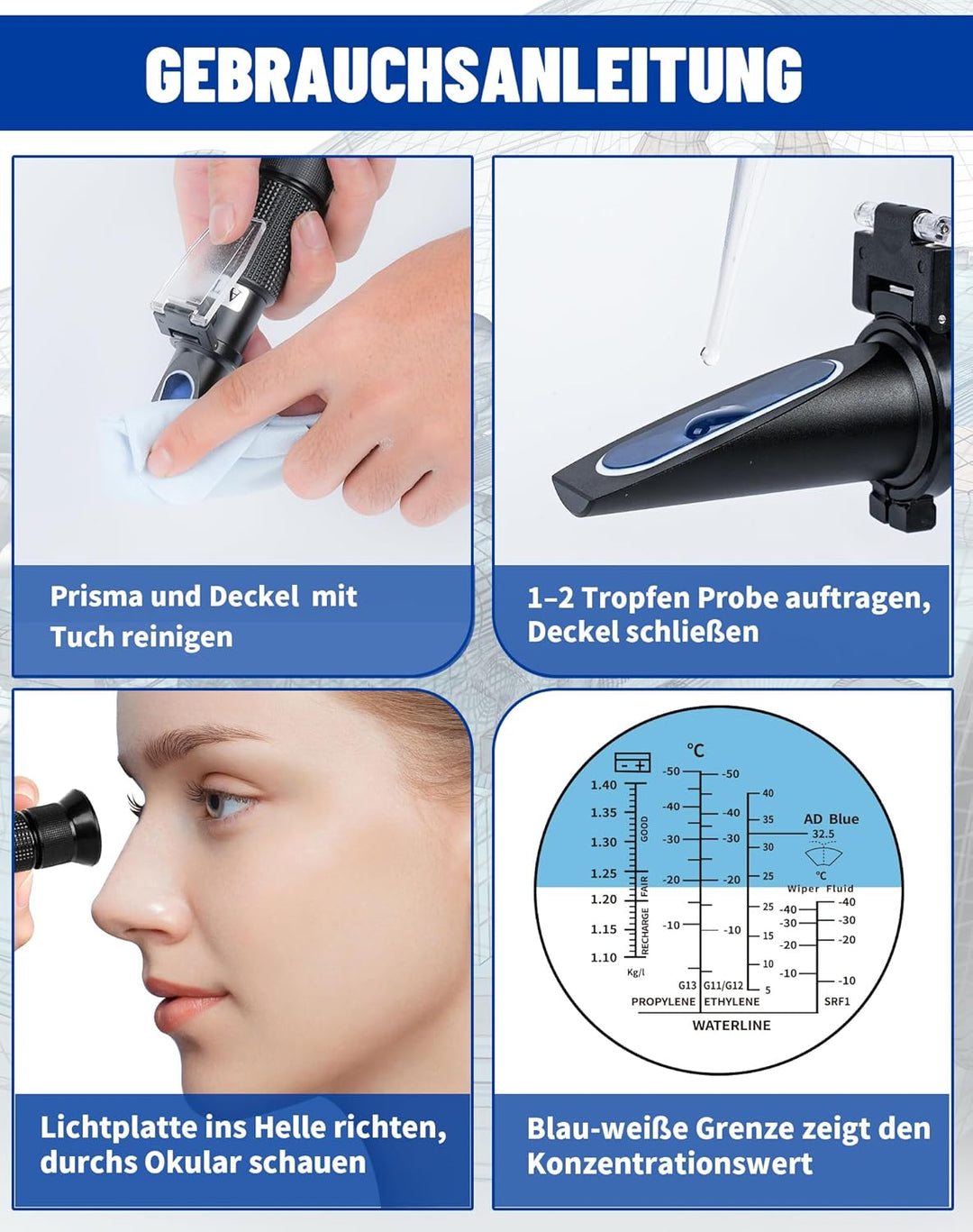 4-in-1 Frostschutz Refraktometer mit ATC, Kühlmitteltester für Ethylenglykol (G11 G12) Propylenglyko