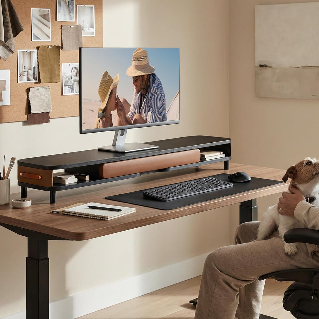 Fenge Dual Monitorständer mit Schublade, 108cm Bildschirmerhöhung mit Aluminiumbeinen & Ledergriff,