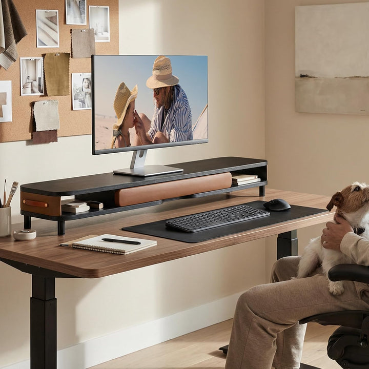 Fenge Dual Monitorständer mit Schublade, 108cm Bildschirmerhöhung mit Aluminiumbeinen & Ledergriff,