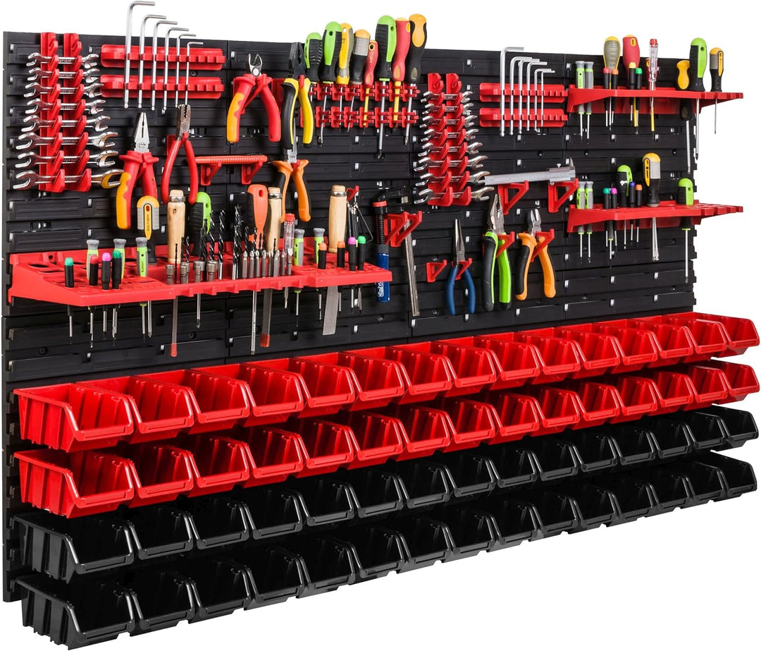 Lagersystem Werkstattregal | 156 x 78 cm | 60 stck. Box | Wandregal mit Werkzeughalterungen und Stap