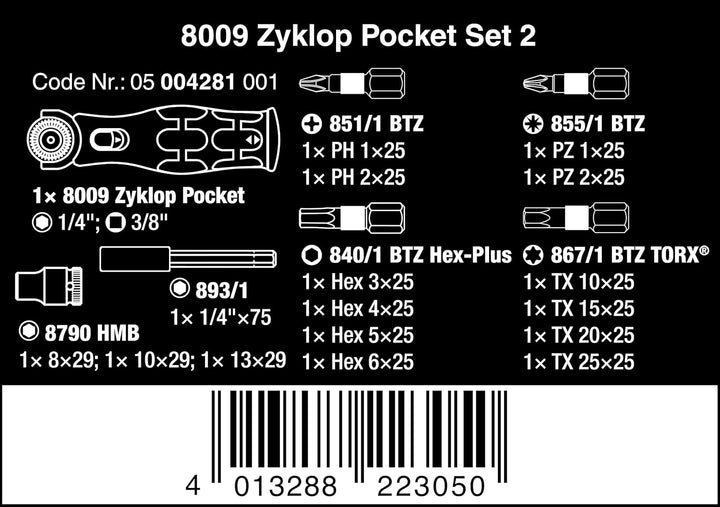 Wera 05004281001 8009 Zyklop Pocket Set 2, Knarren Satz, 18-teilig, Schwarz-grün 8009 Zyklop Pocket