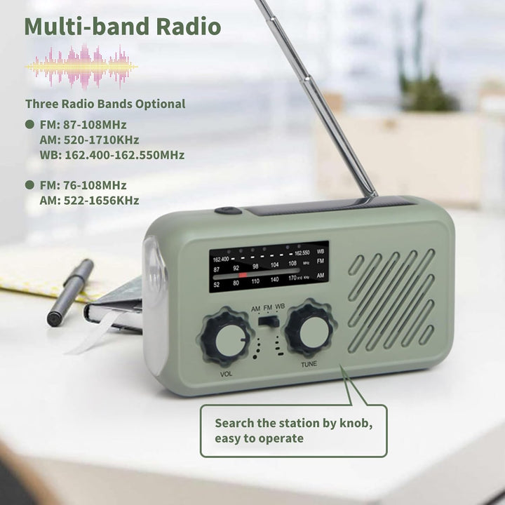 BOROCO Notfall-Solarradio, Selbstbetriebenes Kurbelradio mit LED-Taschenlampe, SOS-Alarm,AM/FM Wette