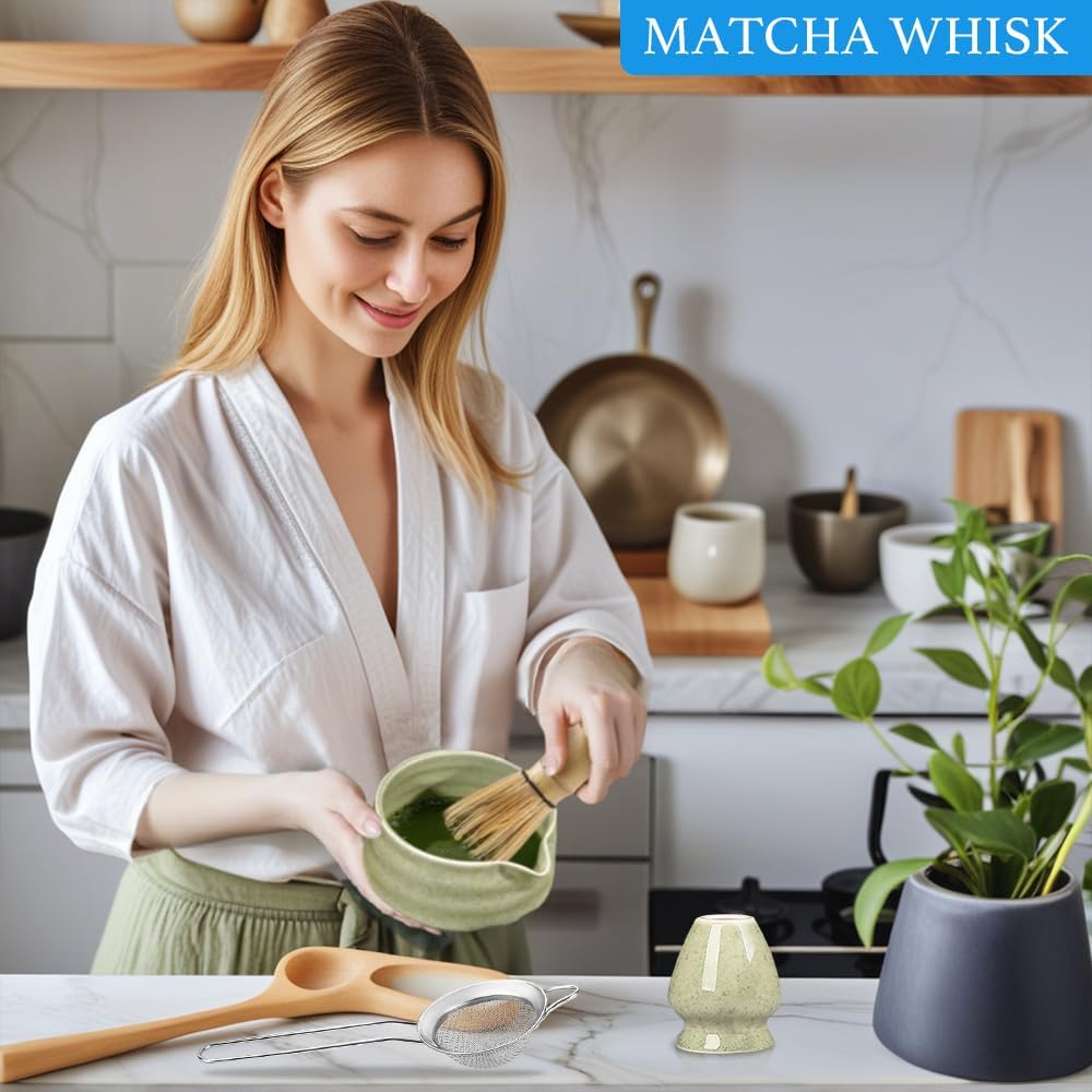 5 Stück Matcha Set, Keramik Matcha Schale mit Ausgiesser, Bambus Matcha Besen, Matcha Whisk, Schaufe