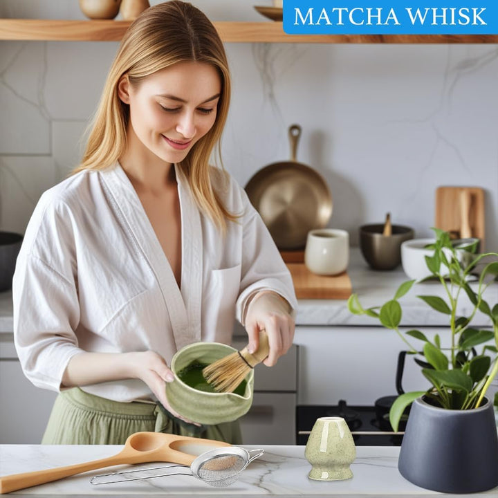 5 Stück Matcha Set, Keramik Matcha Schale mit Ausgiesser, Bambus Matcha Besen, Matcha Whisk, Schaufe