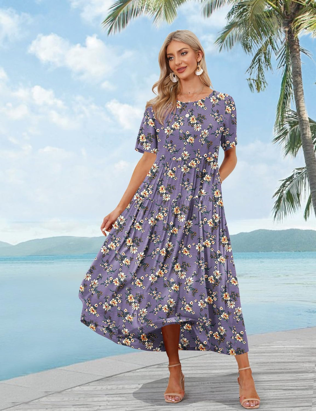 YESNO Damen Kleider Freizeit Lose Sommerkleid Lang Boho Maxikleid für Rundhals Strandkleid Blumenkle