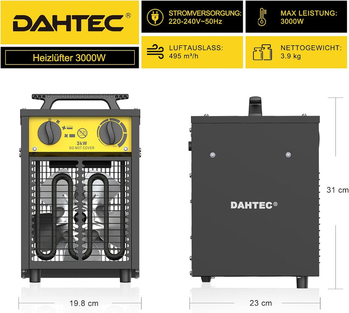 Elektro Heizlüfter Bauheizer 3000 Watt mit Thermostat & 3 Heizstufen | 230v, IP24, Stahlgehäuse, Ind