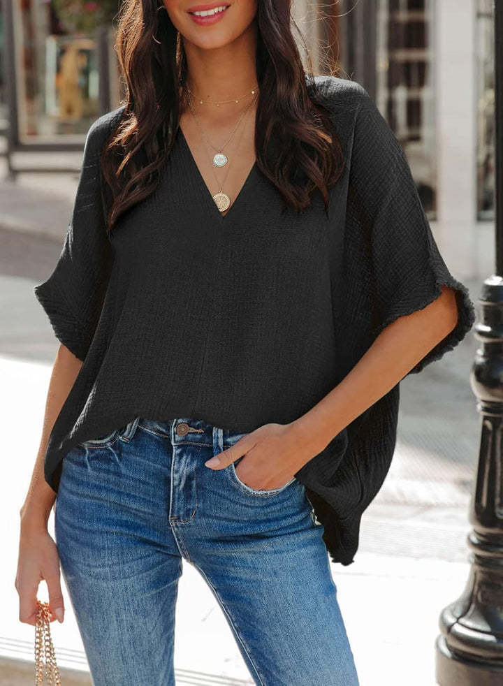 Dokotoo Damen Bluse V-Ausschnitt Musselin Tunika Shirt Oberteil Sommer Kurzarm Locker Longshirt Tops