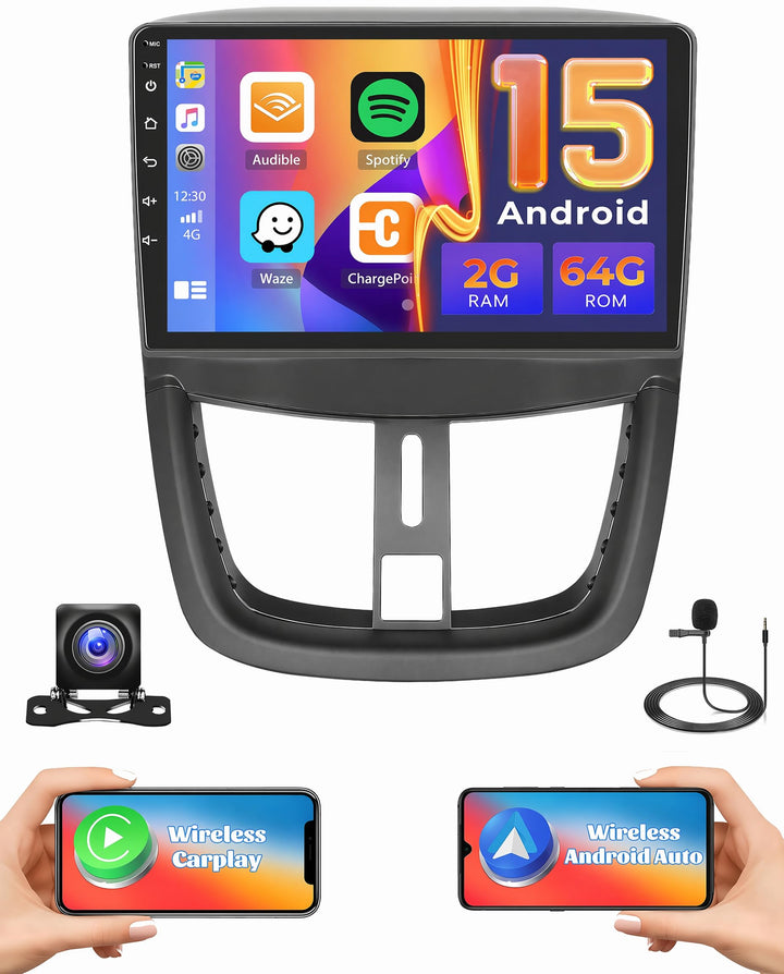 Hikity 2G+64G Autoradio Android 15 für Peugeot 207 2006-2010 mit 9-Zoll-Touchscreen, Radio 2 DIN mit