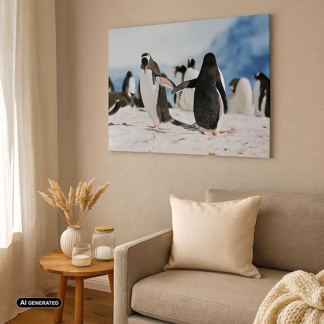 Bilder auf Leinwand 100x70cm Leinwandbild Pinguine Winter Natur Schnee Gross Wanddeko Bild Schlafzim