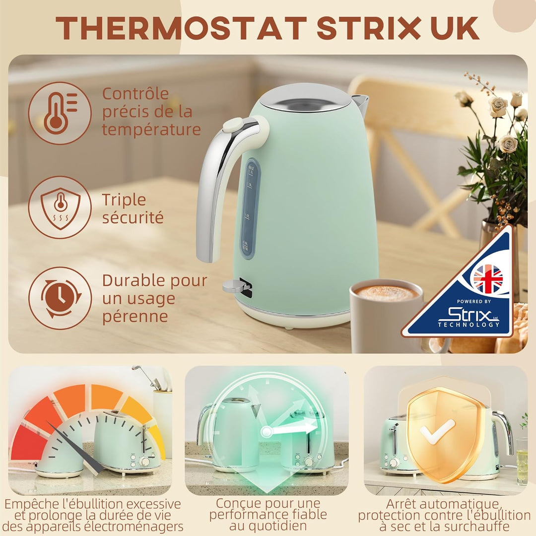 HOMCOM Edelstahl Wasserkocher und Toaster Set 2200 W und 1,7 L, 2-Scheiben-Toaster, 7 Bräunungsstufe