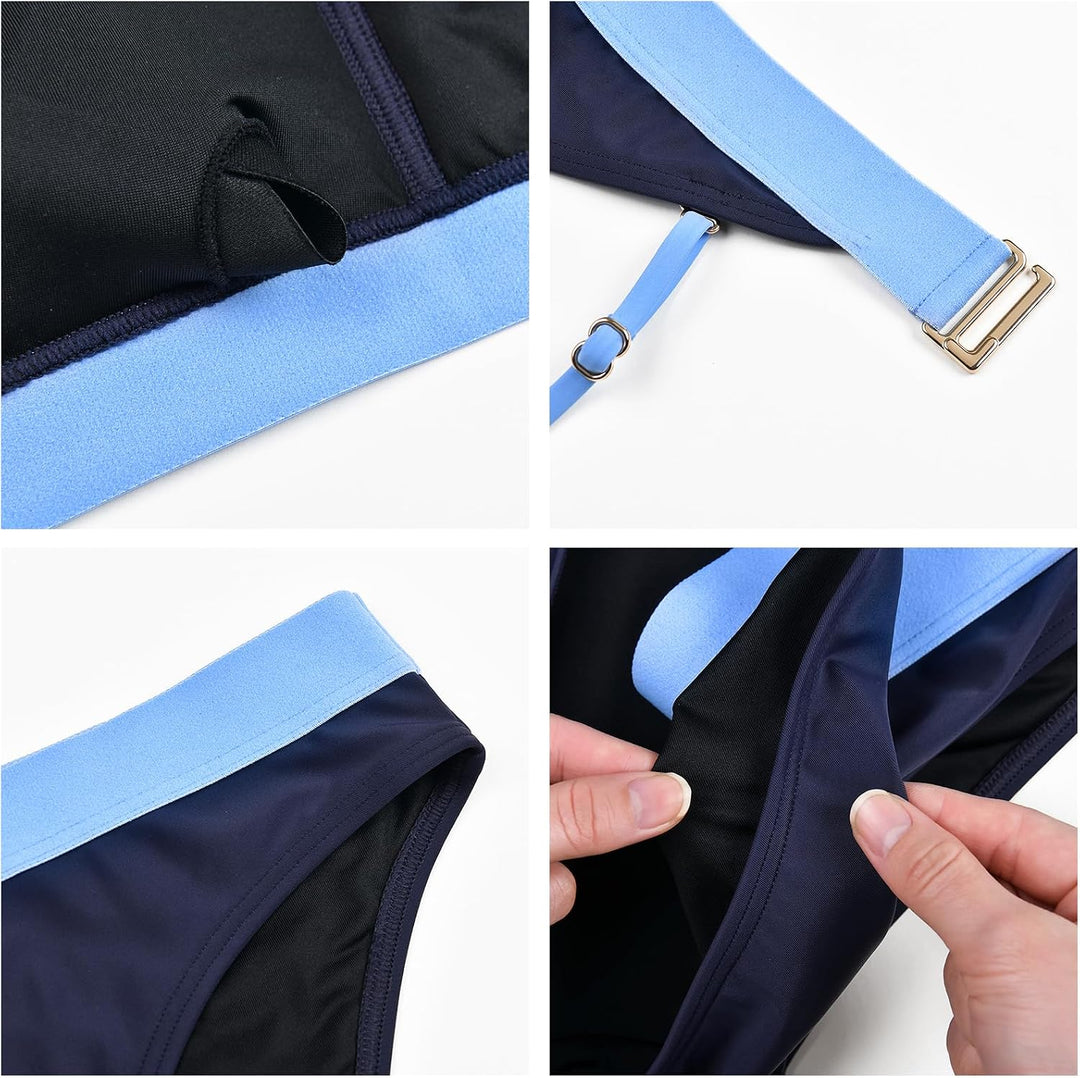 Damen Bikini Set, Triangel, breites Unterbrustband, Bademode, Badeanzug 38 Dunkelblau&amp;blau, 38 Dunke