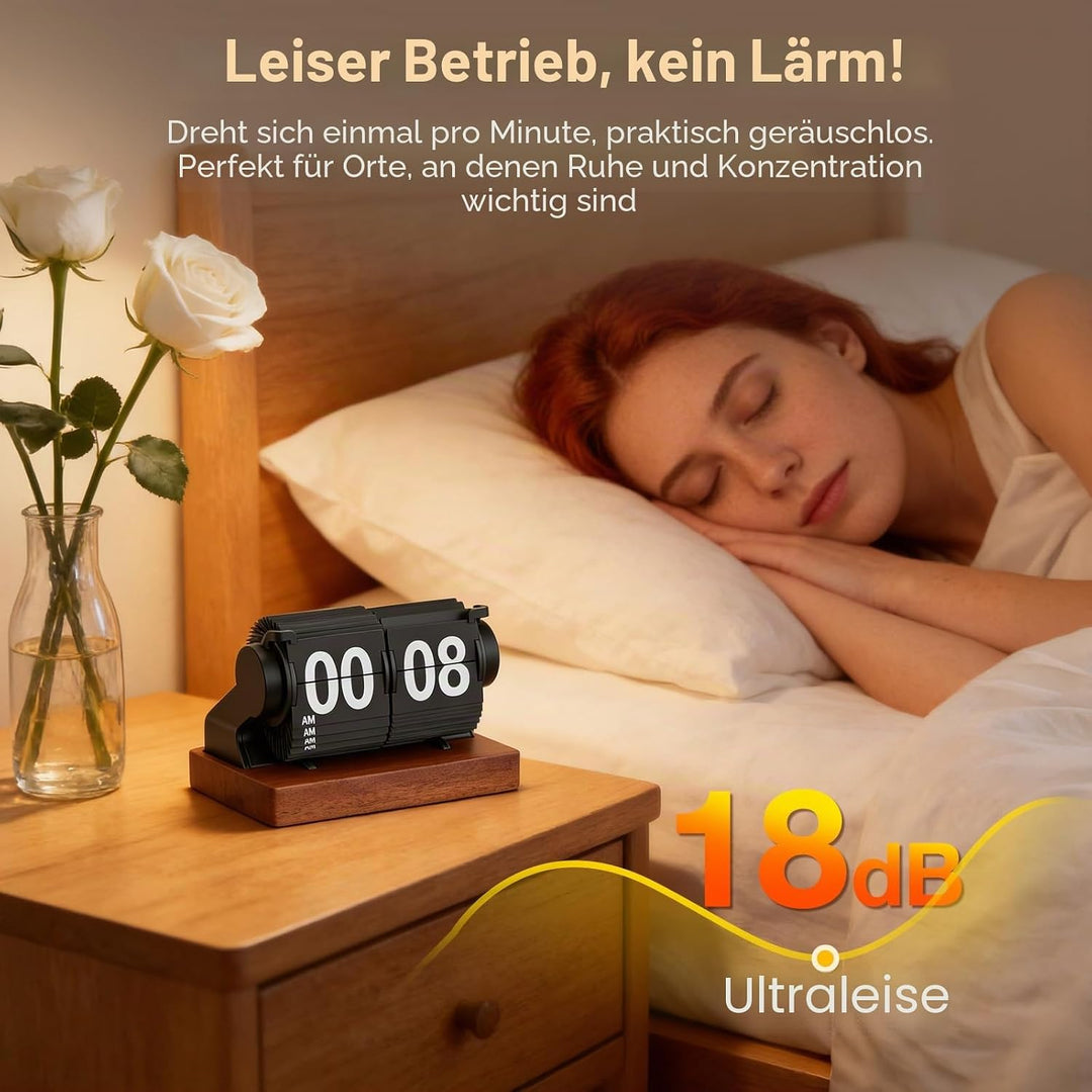 Retro-Flip-Uhr, Vintage Digitale Klappuhr, Retro Uhr mit Holzsockel, automatisches Drehen, batterieb