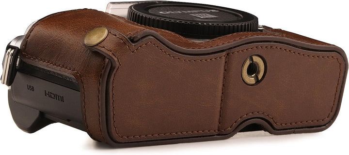 MegaGear MG1351 Ever Ready Leder Kamera Halbtasche mit Trageriemen und Batteriezugang für Olympus OM