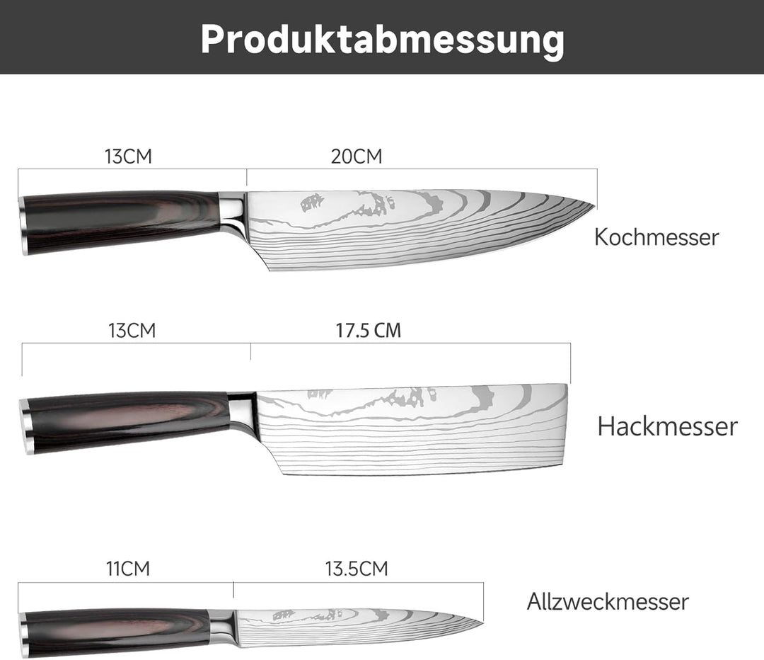 Messerset 3-tlg Küchenmesser Set aus Hochwertigem Carbon Edelstahl, Profi Messer Set mit Chefmesser