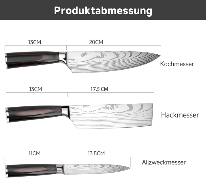Messerset 3-tlg Küchenmesser Set aus Hochwertigem Carbon Edelstahl, Profi Messer Set mit Chefmesser