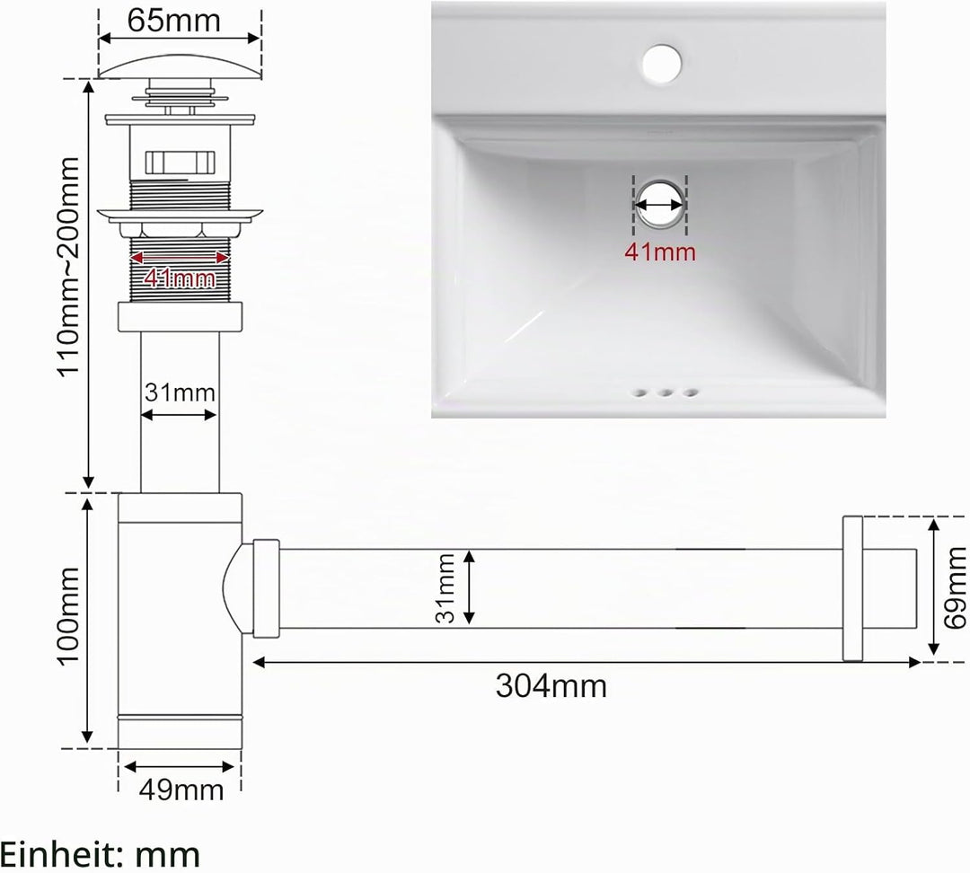 Edelstahl 1 1/4" x 32 mm Siphon Set für Waschbecken, Syphon Pop up Ablaufgarnitur ohne Überlauf Stöp