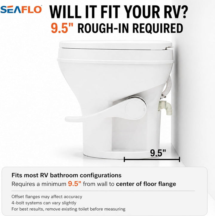 SEAFLO Wohnmobil-WC – Standardhöhe, Schwerkraftspülung, Fusspedal, sanft schliessender Deckel Wohnmo