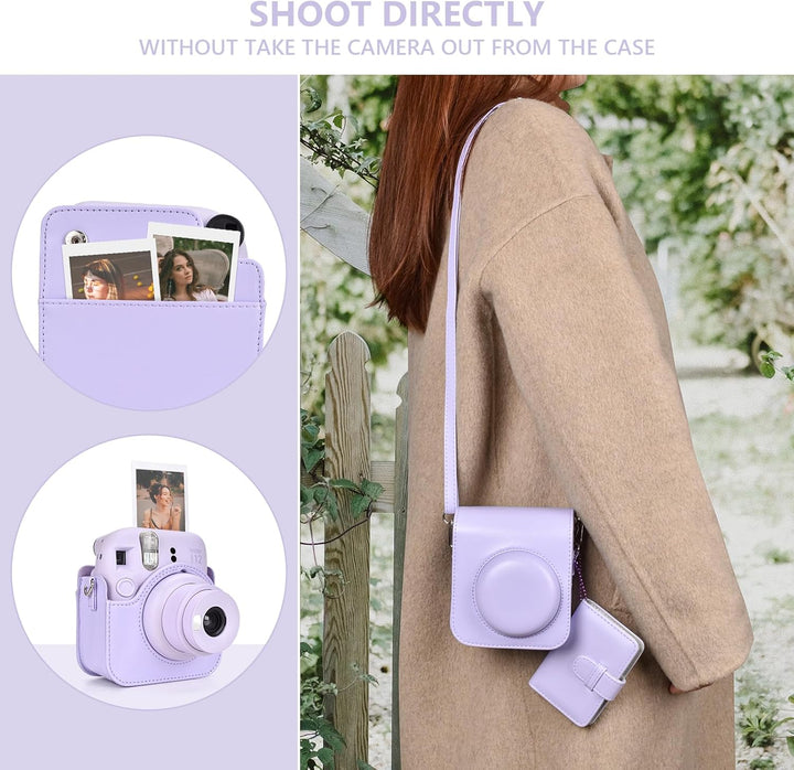 HIYQIN Kamera Tasche Kompatibel mit Fujifilm Instax Mini 12, Ästhetisch Kunstleder Hülle mit Mini Fo