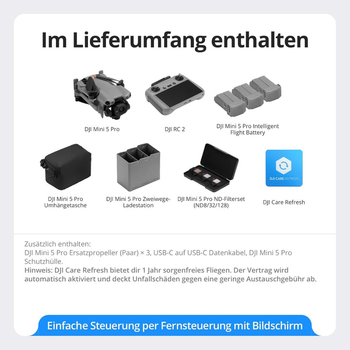 DJI Mini 5 Pro Fly More Combo mit DJI RC 2 und 1 Jahr Care (Automatisch Aktiviert), C0-Zertifiziert,