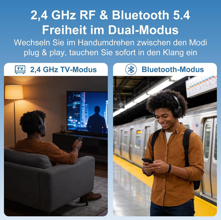 Kabellose TV-Kopfhörer für Senioren, 2,4G RF &amp; Bluetooth 5.4 mit 5-in-1 Sender (Optisch/Koaxial/RCA/