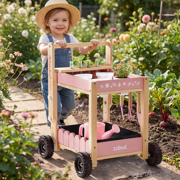 ROBUD Gartenwerkzeug Kinder mit Holzwagen, Gartenset mit Giesskanne, Schaufel, Handrechen, Pflanztöp