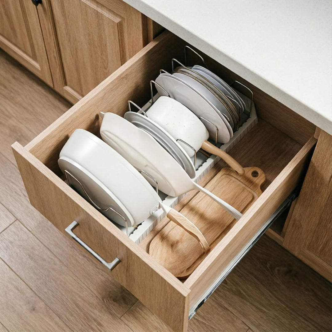 Pfannen Organizer, Pfannen Aufbewahrung Ausziehbar 33-55,8 cm, Topfdeckelhalter Schublade mit 7 Vers