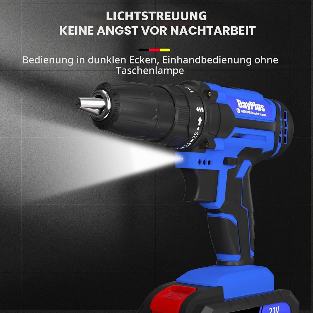 Akku-Bohrmaschine,21V Akku Bohrschrauber mit 2 Li-Ion Batterien,26 Stück Bohrkit enthalten, 25+1 Dre