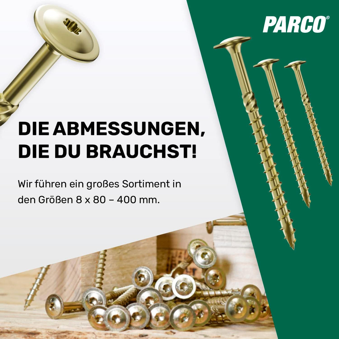 PARCO Tellerkopfschrauben 8,0 x 280 mm, 50 Stück, TX40 Verzinkt, CUT-Spitze, Holzbauschrauben für Ko