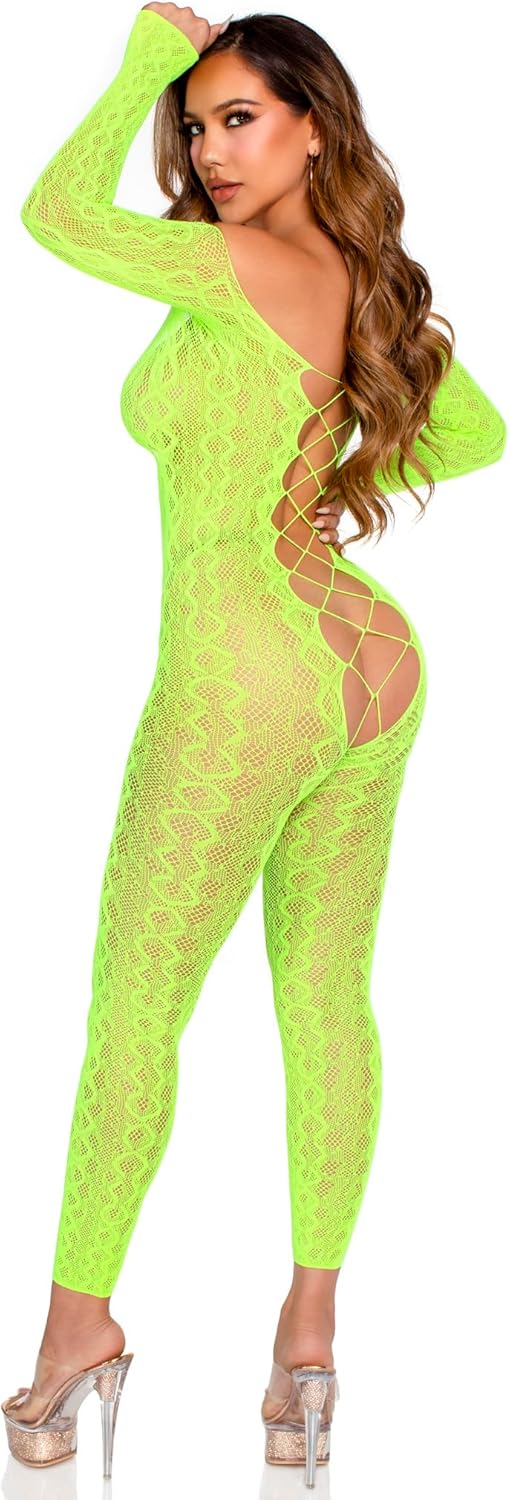 LEG AVENUE Damen Python Net Crotchless Footless Lingerie Jumpsuit With Faux Lace Up Detail Netz-Body