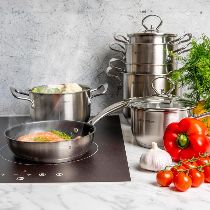 AMBITION Hoher Edelstahl Topf mit Glasdeckel 2,7 l Petite 16 cm Suppentopf Induktion alle Herdarten