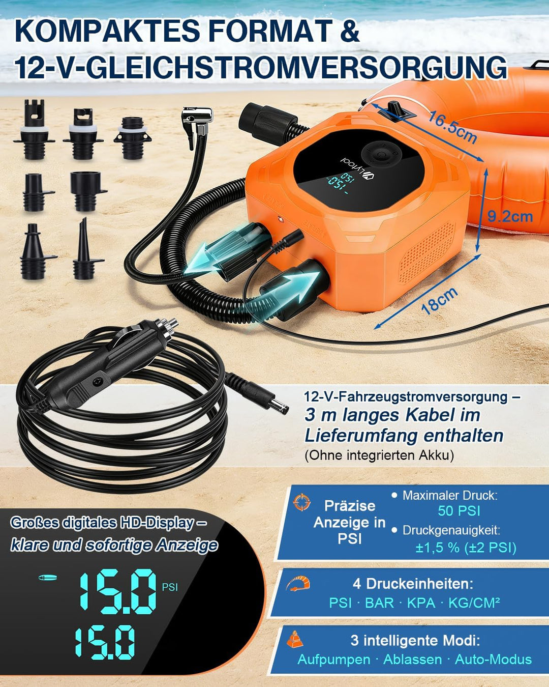 Elektrische SUP Pumpe (optional mit Akku / 12V KFZ-Anschluss) - Lytool 50 PSI Hochdruck Kombi-Luftpu