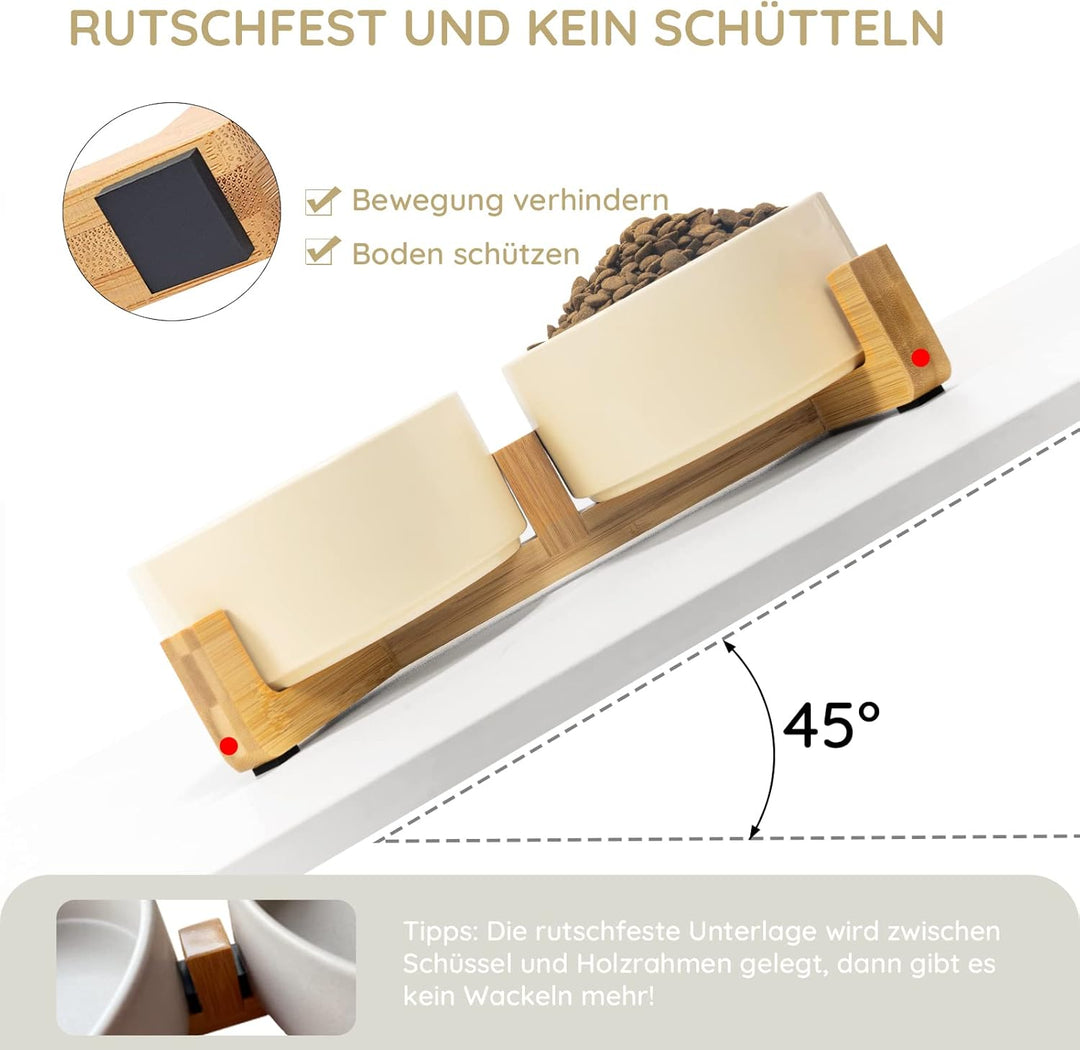 SPUNKYJUNKY Keramik Doppel Futternapf mit Bambus Ständer für Katzen und Hunde (850ml, Beige) Beige D