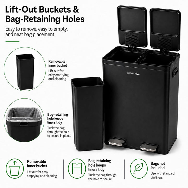 EverGrove 60L Mülltrennsystem, 2x30L, Edelstahl-Deckel, Matte Black | 2 x 30-L-Fächer,Soft-Close-Dec
