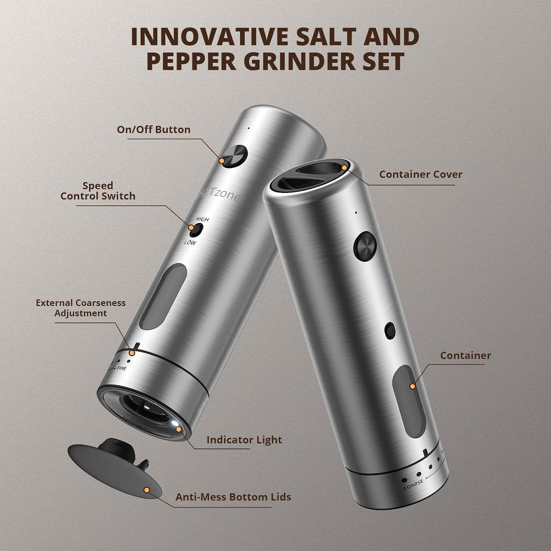 Salz und Pfeffermühle Elektrisch Set, HZTzone USB-C Wiederaufladbar Gewürzmühle mit Ladestation, Ker