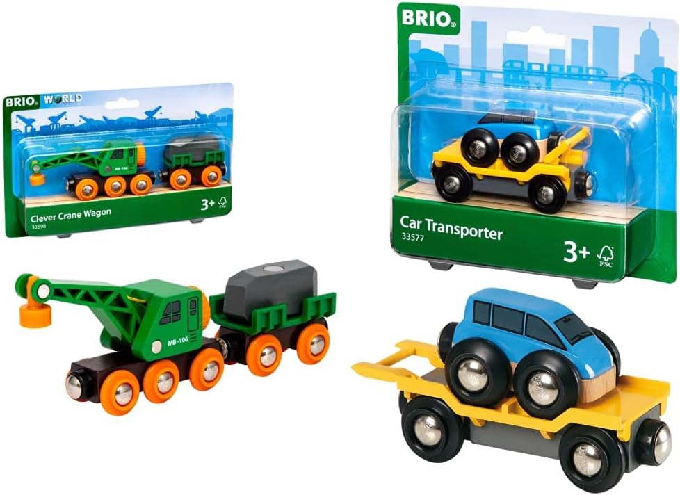 BRIO Bahn 33698 - Grüner Kranwagen mit Anhänger und Fracht,White & Bahn 33577 - Autotransporter mit