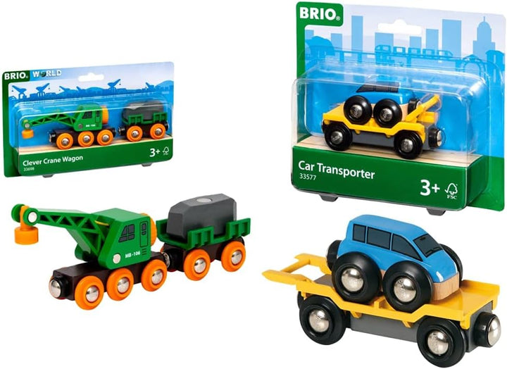 BRIO Bahn 33698 - Grüner Kranwagen mit Anhänger und Fracht,White & Bahn 33577 - Autotransporter mit