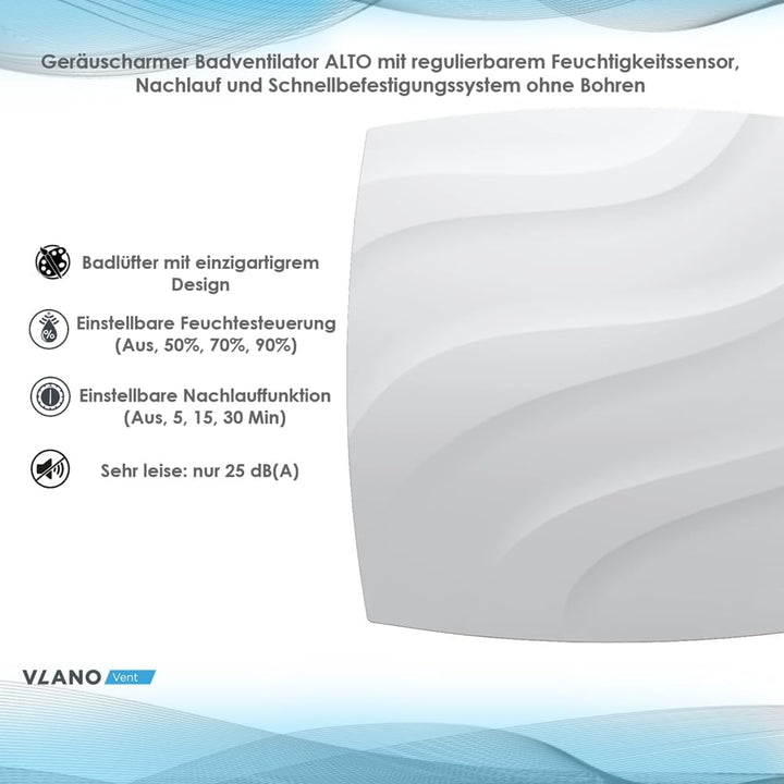 Vlano ALTO 120 TH Badlüfter mit Quick-Fix-Montagesystem ohne Bohren, Feuchtigkeitssteuerung, Timer,