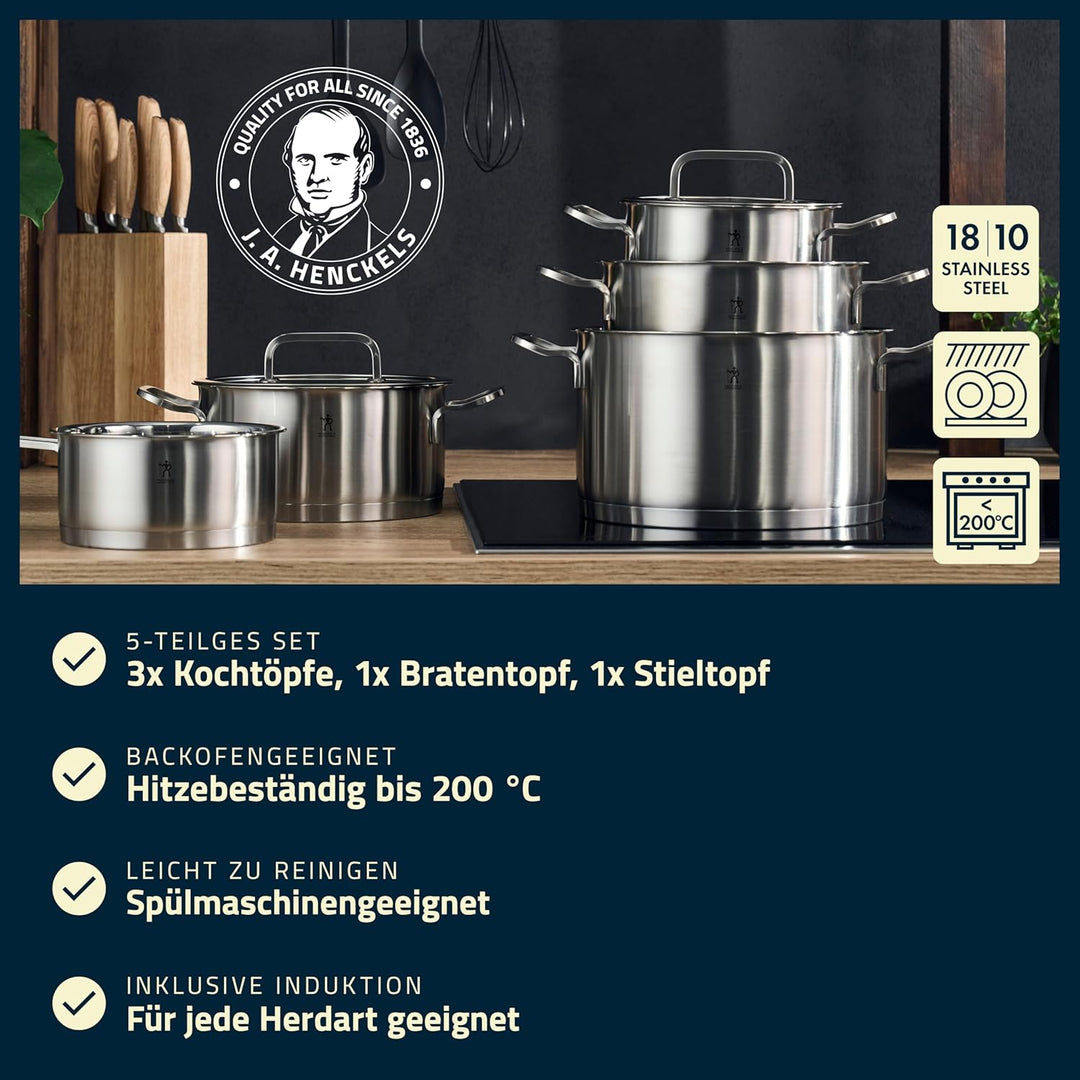 HENCKELS by ZWILLING Pulse Kochtopfset 5-tlg,Glasdeckel, 18/10 Edelstahl, für alle Herdarten inkl. I