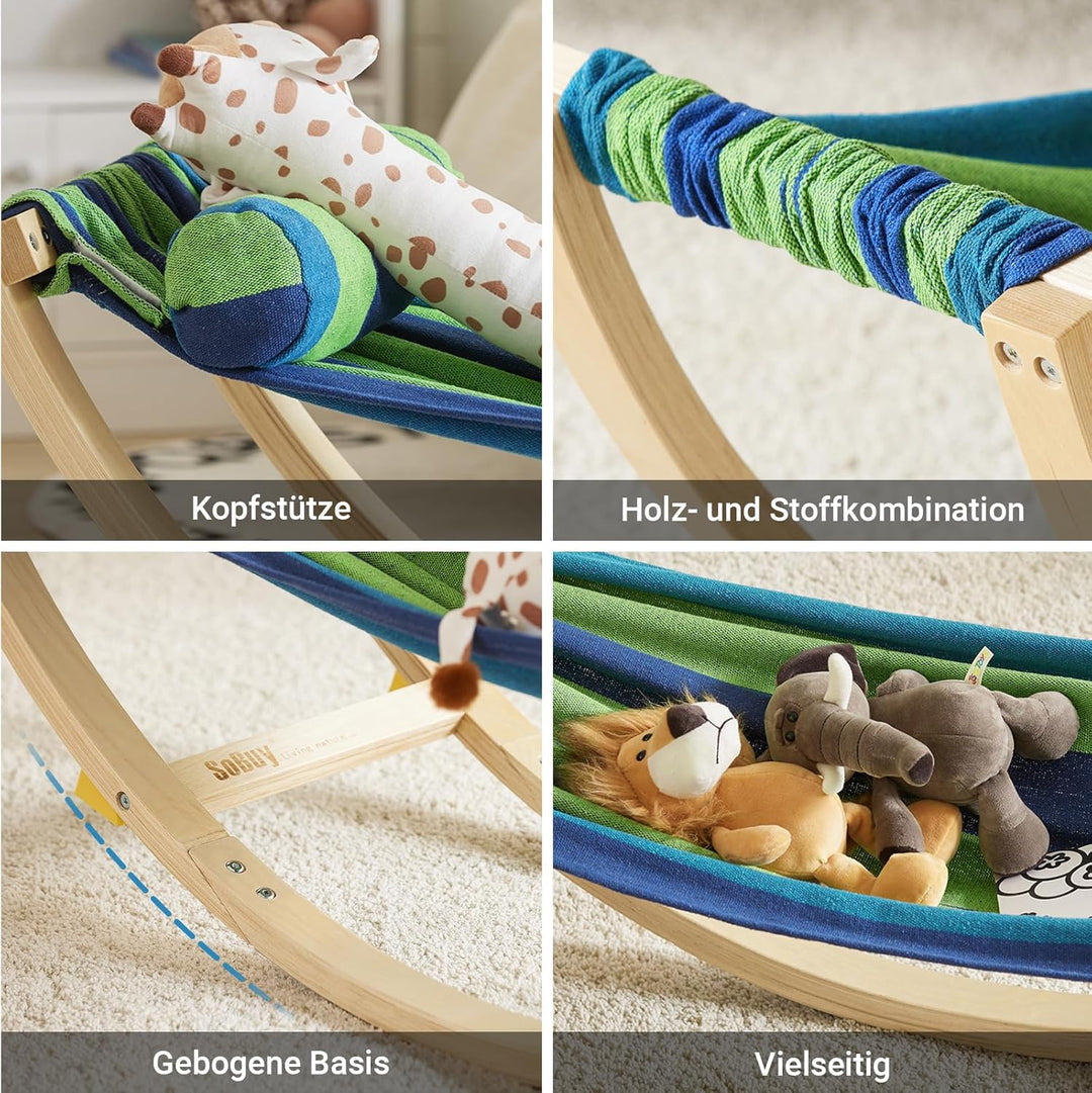 SoBuy Hängematte Kinder mit Sicherheitsstopper, Kinderliege, Schaukelliege aus Holz mit Kopfkissen,