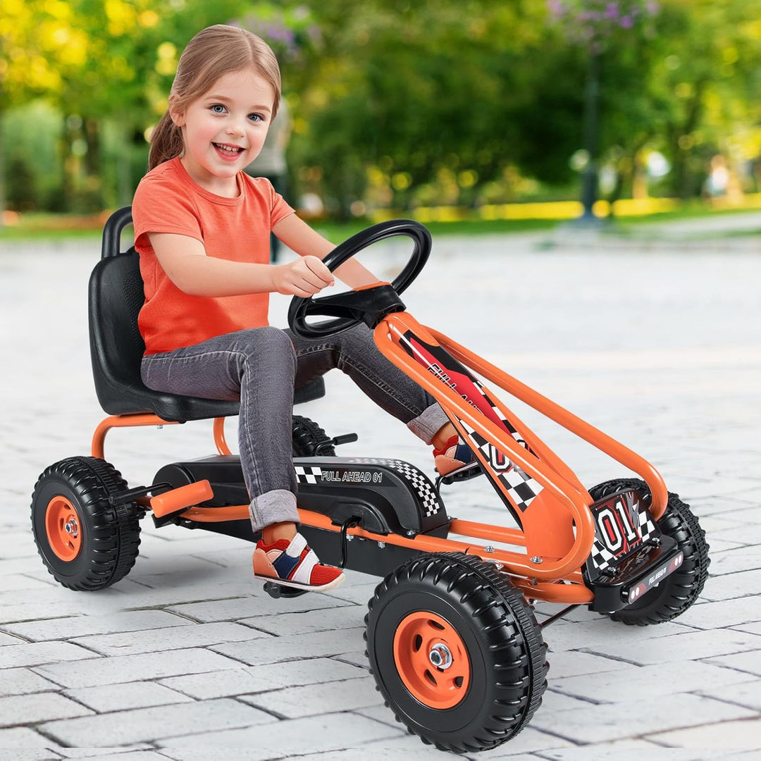 COSTWAY Gokart mit verstellbarem Sitz, Go Kart mit Handbremse, Tretauto bis 30 kg belastbar, Pedal G
