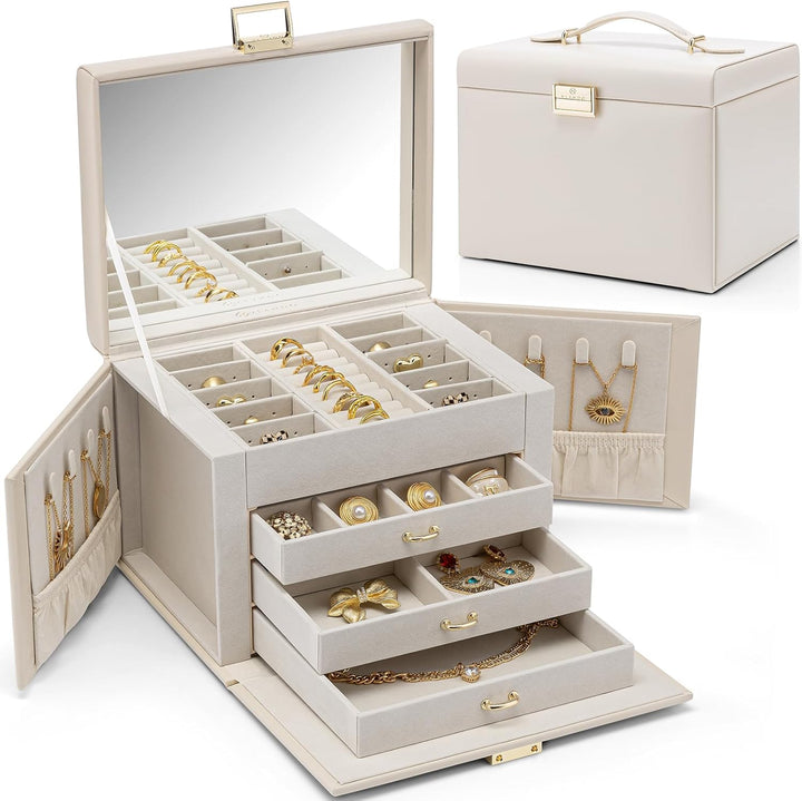 Vlando Schmuckkasten Schmuckbox mit 4 Ebenen, Schmuckschatulle PU Leder, Schmuckbox mit Spiegel und